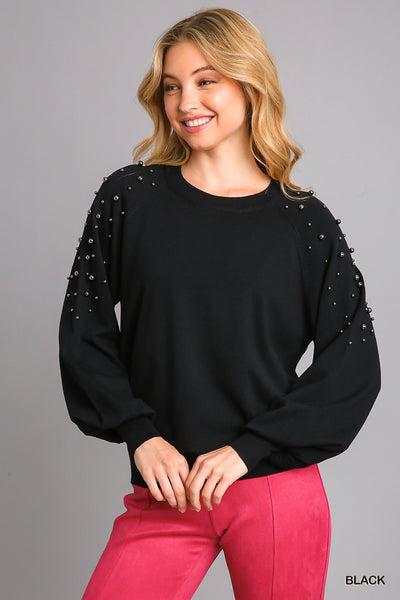 Round Neck Pullover Sweater With Long Sleeve Pearl Details