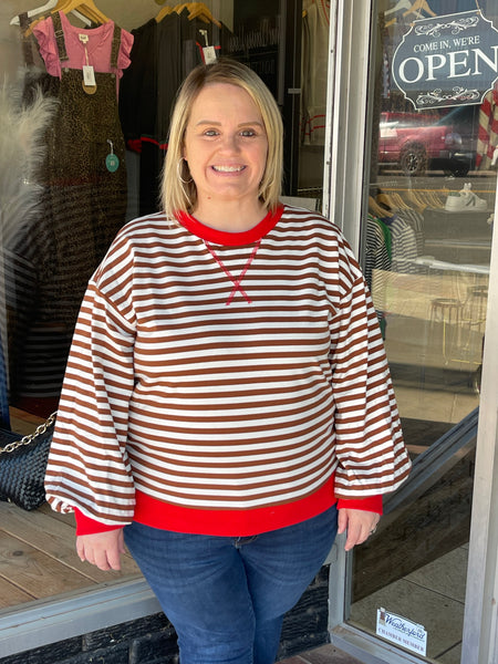 Long Sleeve Striped Sweatshirt- Brown/Cream