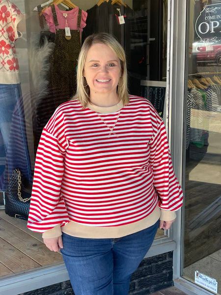 Long Sleeve Stripe Sweatshirt - Red/White
