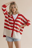 Stripe Popcorn Button Down Oversized Cardigan - Red