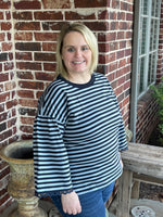 Striped 3/4 Top with Lace Sleeve - Navy