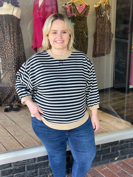 Striped Color Block 3/4 Sleeve Top - Gray