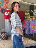 Crew Neck Short-Sleeve Stripe Knitted Sweater - Gray
