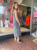 ROUND NECK SLEEVELESS SIDE SLIT MIDI SHIRT DRESS