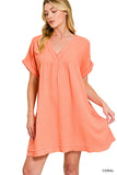 DOUBLE GAUZE RAW EDGE V-NECK DRESS - CORAL