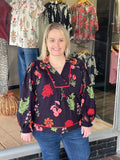 Floral Print Textured Fabric Collared Top