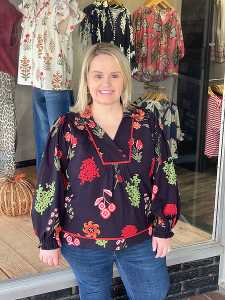 Floral Print Textured Fabric Collared Top