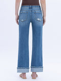 Mid Rise Cuffed Ankle Slim Wide Jeans