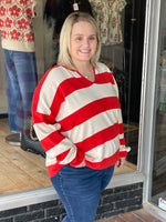 STRIPED NOTCH NECK KNIT SWEATER