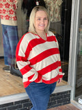 STRIPED NOTCH NECK KNIT SWEATER