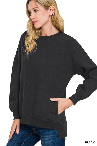 FLEECE HI-LOW BOYFRIEND SWEATSHIRT - Black