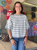 Crew Neck Short-Sleeve Stripe Knitted Sweater - Gray