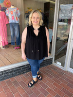 Linen Blend Sleeveless Top with Wood Beads and Frayed