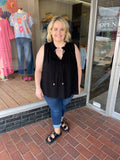 Linen Blend Sleeveless Top with Wood Beads and Frayed