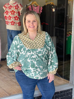Abstract Print Long Sleeve Top with Rounded Yoke