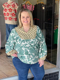 Abstract Print Long Sleeve Top with Rounded Yoke
