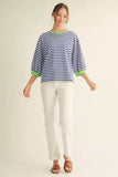 3/4 Sleeve Casual Striped Top - Blue