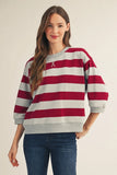 Bold Stripe 3/4 Sleeve Top - Crimson/Blue