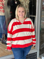 STRIPED NOTCH NECK KNIT SWEATER