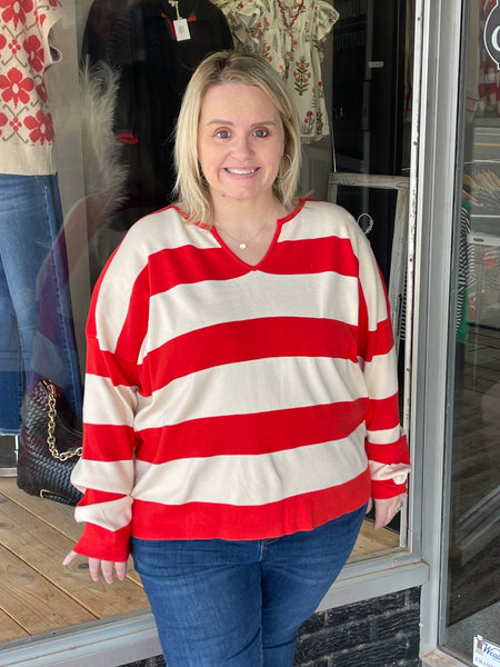 STRIPED NOTCH NECK KNIT SWEATER