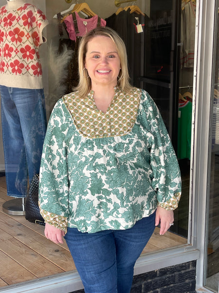 Abstract Print Long Sleeve Top with Rounded Yoke