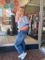 Striped Short Sleeve Sweatshirt - Blue