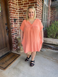 DOUBLE GAUZE RAW EDGE V-NECK DRESS - CORAL
