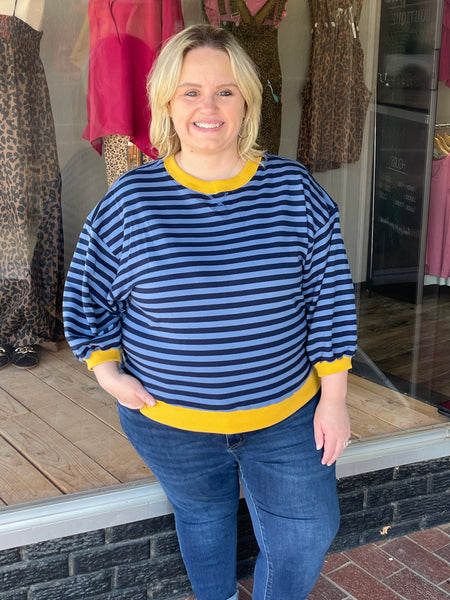 Striped Color Block 3/4 Sleeve Top - Denim