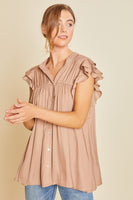 Ruffle Sleeve Shirried Shirts Flowy Woven Tunic - Cappuccino