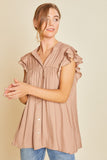 Ruffle Sleeve Shirried Shirts Flowy Woven Tunic - Cappuccino