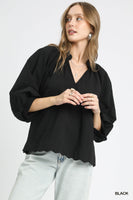 Split V Neck Top with Balloon Sleeves - Black