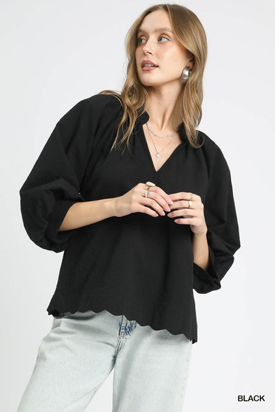 Split V Neck Top with Balloon Sleeves - Black