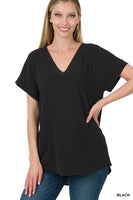 WOVEN AIRFLOW V-NECK HI-LOW HEM TOP