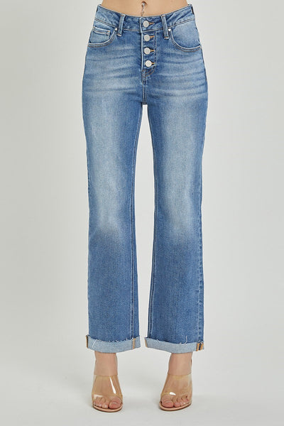 RISEN HIGH RISE BUTTON FLY ANKLE STRAIGHT LEG JEANS