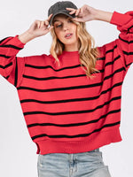 Striped Round Neck Pullover Sweater - Red