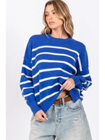 Striped Round Neck Pullover Sweater - Blue