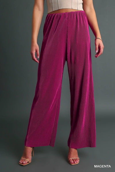 Pleated Satin Wide Bottoms with Elastic Waistband