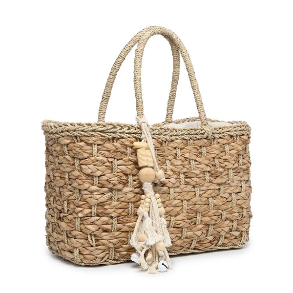 Ariel Seagrass Tote w/ Braided Detail & Wood Trim