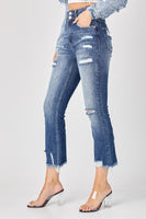 HIGH RISE DOUBLE BUTTON WITH DESTROYED HEM JEANS