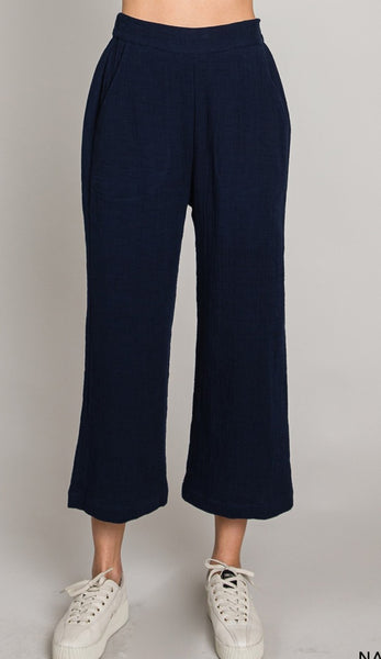 Woven Cotton Gauze Slub Ankle Length Pants